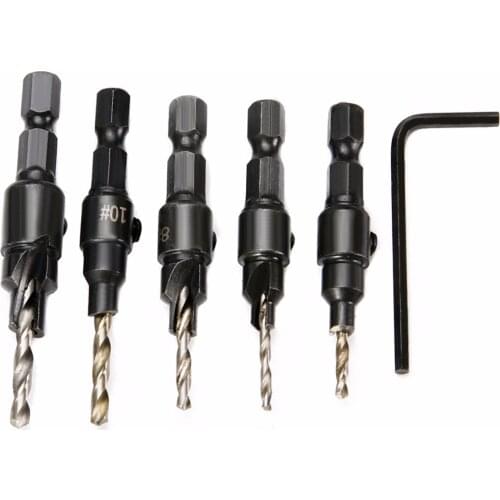 5pcs #5 #6 #8 #10 #12 Countersink Drill Bits Set Wood Drilling Tool + Hex Shank Hand & Power Tool Accessories