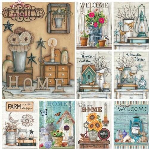 Diamond Painting Cross Stitch Welcome Home Picture Flower Pot Bird Nest 5D DIY Diamond Embroidery Kit Retro Home Decoration Gift