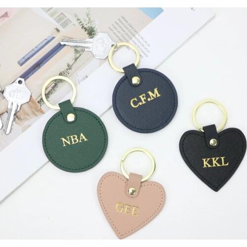 Free Custom Initial Letters Girls Saffiano Leather Keychain Round Key Ring Female Key Chain Gift With Monogrammed Letters