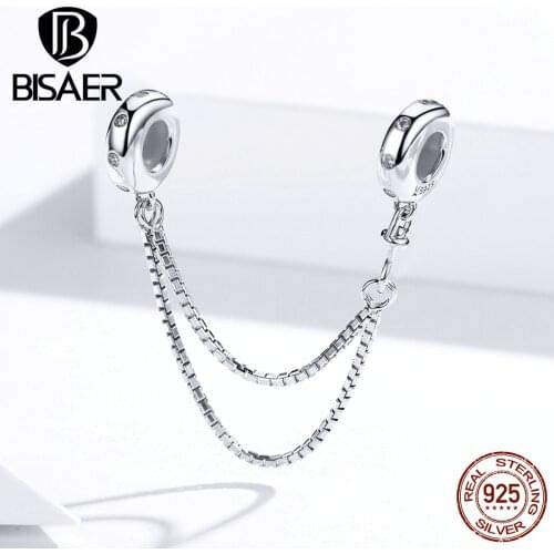 Safety Chain BISAER 2020 New 925 Sterling Silver Two Chain Charm Bracelets Safety Chain fit Beads Strand Bracelets ECC1419