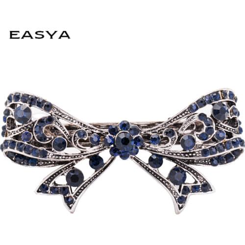 EASYA Vintage Antique Blue Crystal Bowknot Hairpins Jewelry Womens Fashion Metal Rhinestone Ribbon Hair Clips Barrettes