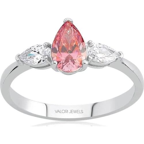 Valori Jewels 1.15 Carat, Zirconia Pink And White Pear Gemstone, Rhodium Plated, Sterling Silver Ring