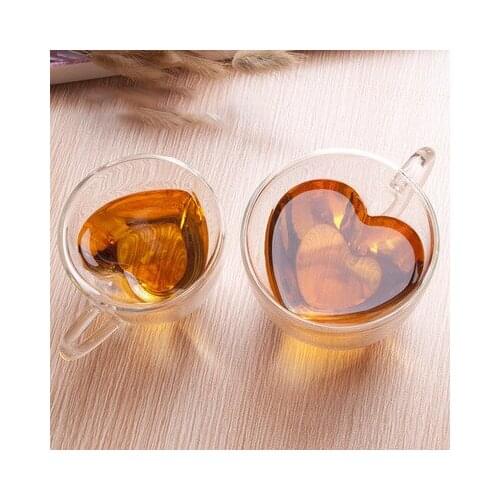 Creative double glass with handle lovers cup coffee cup milk tea beverage cup heat insulated glass heart-shaped cup