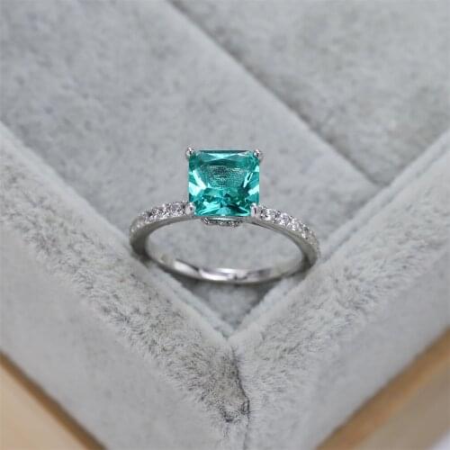 Best selling European and American S925 silver fashion wedding ring zircon sea blue square crystal luxury jewelry womens gifts
