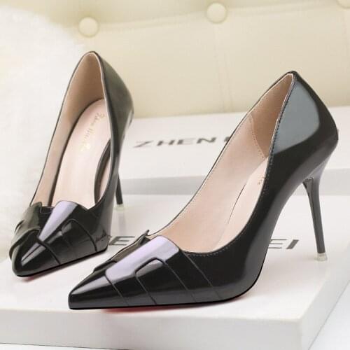 Mariahzheng Banquet Slim High Heel Womens Shoes Fine High Heel Pointed Solid Patent Leather Shallow Mouth Single Shoes ZWM
