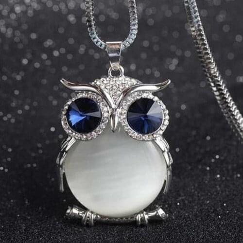 Fashion Cute Owl Pendant Necklace for Women Long Sweater Chain Rhinestone Necklaces Clothing Accessories Personality Jewelry