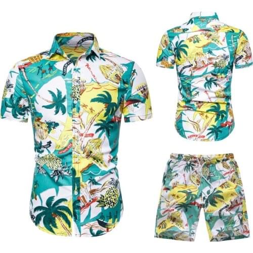 Latest Design Summer Hawaiian Beach 2 Pieces Set Men Palm Printed Short Sleeve Shirt and Short Set