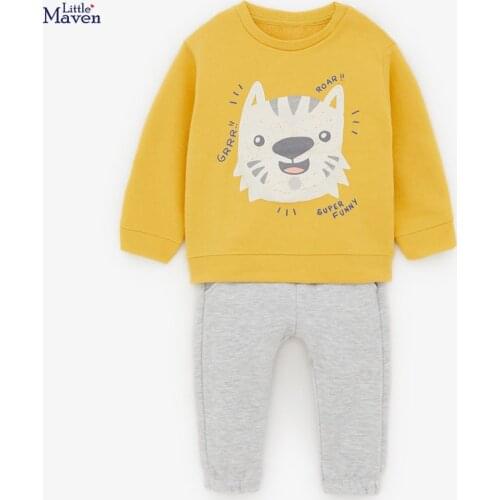 Baby Boys Fall Clothes Autumn Children Pajams Set Cotton Two Pieces Suit Toddler Boy Yellow Tiger Shirt + Solid Gray Pants 2-7y