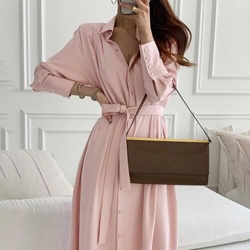 Chic Autumn Turn-down Collar Long Sleeve Shirt Dress Women Single-breasted Lace-up Belt Long Dress Solid Female Vestidos