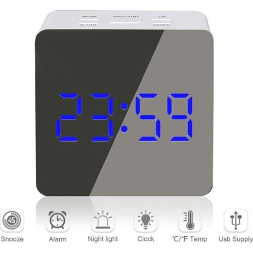 LED Mirror Alarm Clock Blue Light Large Screen Display Time Temperature Multifunction Digital Snooze Function Clock