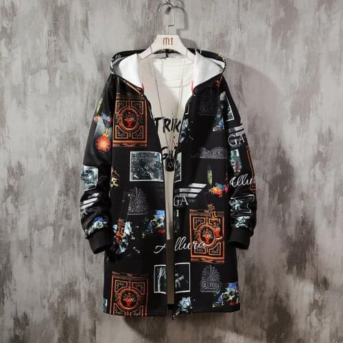 VIANKANI Loose Long Trench Coat Men Retro Print Style Hooded Overcoat Black Hip Hop Streetwear Spring Autumn Mens Jacket M-5XL