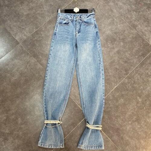 ZCSMLL 2021 spring and summer denim trousers cuffs chain pearl decoration pants handsome street design loose women jeans