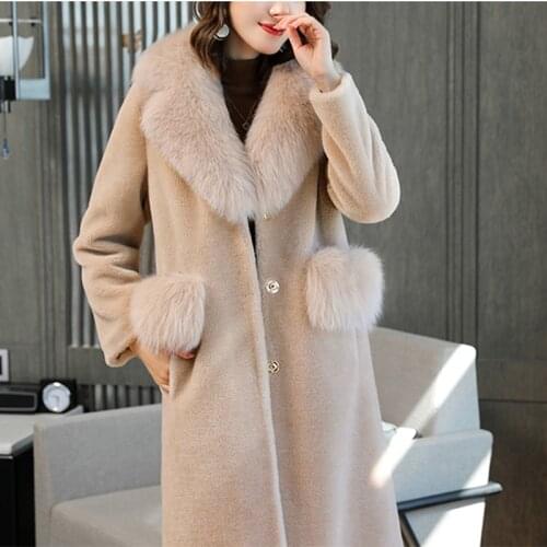 2020 Winter Female Real Long sheep shearling coat with Fox Fur Collar pashmina Jacket women Outerwear