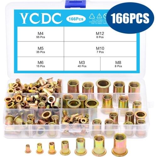 166PCS/box Carbon steel Rivet Nuts M3 M4 M5 M6 M8 M10 M12 Flat Head Rivet Nuts Set Nuts Insert Reveting Multi Size Collocation