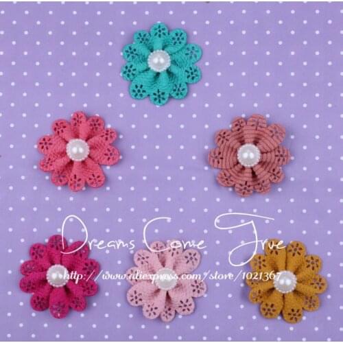 200pcs/lot 5.5CM 6 Colors Lovely Fabric Flowers With Pearl For Baby Headband Crochet Artificial Flowers For Children Accessories