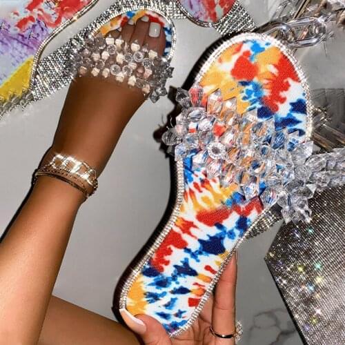 2021 Women Transparent Rhinestone Slippers Ladies Mixed Color Leisure Flat Female Open Toe Slides Woman Beach Shoes Plus Size