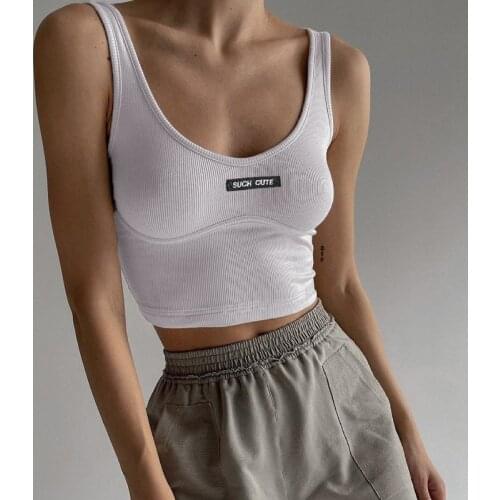 Basic Tank Top Letter Print Patchwork Sportswear Knitted Crop Tops Women Solid Color Streetwear Missnight