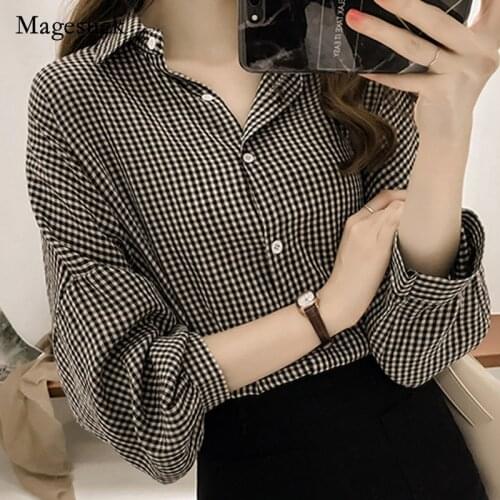 Korean Puff Sleeve Women Tops and Blouse 2021 Spring Plaid Shirt Women Plus Size Office Lady Blouse 4XL Clothes Blusas 8809 50