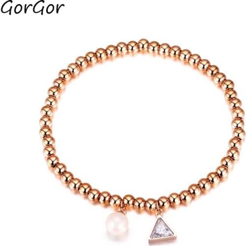 GorGor Bracelets Women Stainless Steel Artificial Pearl with Cubic Zirconia Triangle Pendant Temperament Fashion Jewelry TS-1005