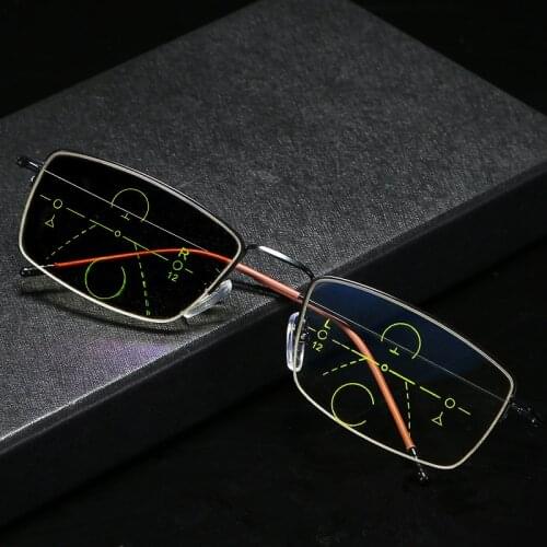 Hot selling photochromic progressive multi-focus reading glasses metal titanium half frame men and women fashion diopter glasses