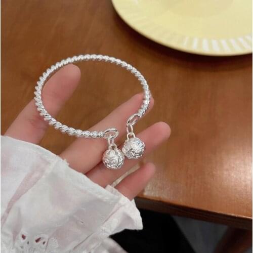 925 Sterling Silver Retro Double Bell Twist Rope Open Cuff Bangle Bracelet For Women Men S-B293