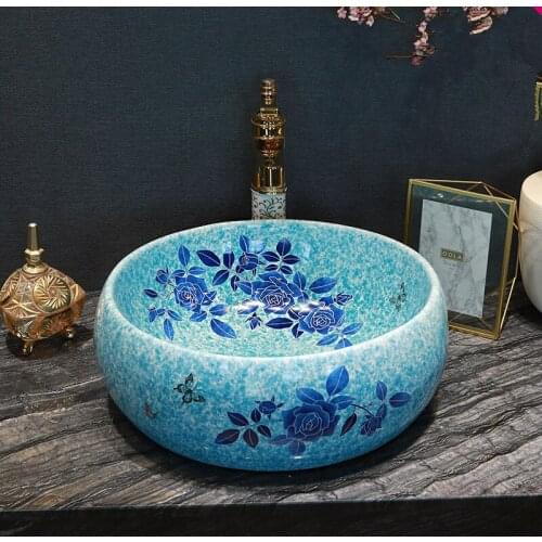 Bathroom Ceramic Counter Top Wash Basin Sink Lavabo Porcelain Washing basins countertop bathroom basins blue butterfly pattern