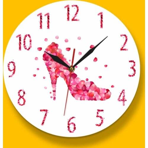 Fashion Girl High Heels Shoes Wall Clock Pink Rose Petal Style High Heels Shoe Silent Wall Clock Modern Design Bridesmaid Gift