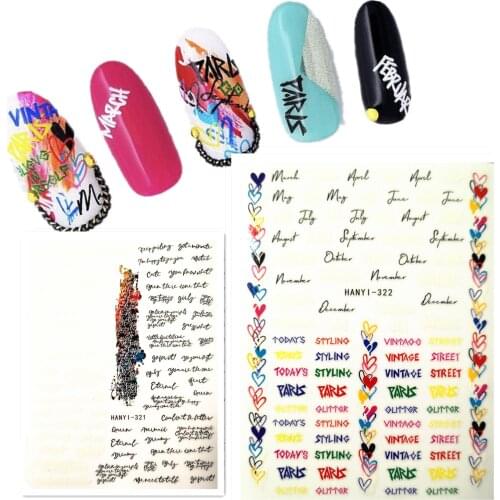 Newest Hanyi series 321 322 3d nail sticker art decals letter word pattern DIY decoration tools for nail wraps