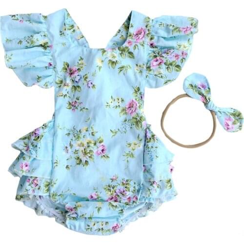 New arrival baby toddler summer boutiques baby girls vintage floral ruffle neck romper cloth with bow knot headband
