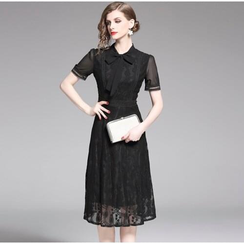 New Womens Lace Patchwork Dress Elegance Hollow Out Office Lady High Waist Dress