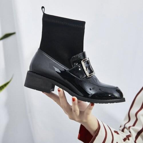 2020 Autumn Winter New Patent Leather Buckle Boots Velvet Martin Boots Womens Boots Elastic Boots