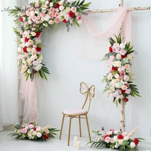 Custom Pink Wedding Arch Floral Row Arrangement Artificial Corner Flower Wall Bridal Bouquet Party Outside Lawn Backdrop Layout