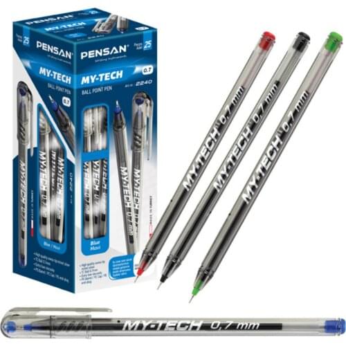 Pensan My-Tech Ballpoint 25 Pcs (0.7 mm) High Quality Tip Soft Pen Blue Black Red Green Box Stationery School Office Supplies