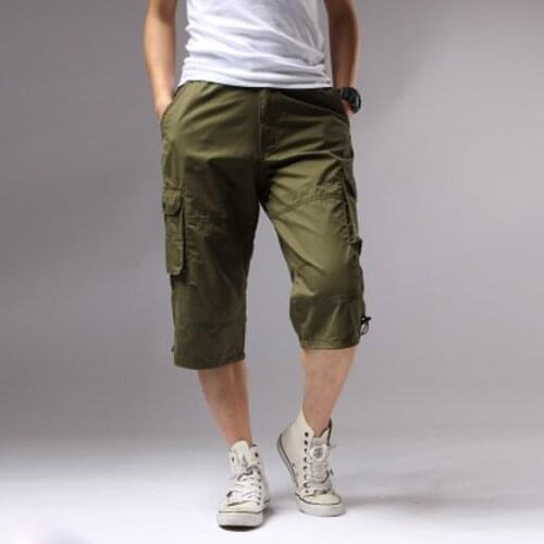 Long Length Cargo Shorts Men Knee Pocket Casual Cotton Elastic Waist Bermudas Male Military Style Summer 2018 Capri Breeche Army