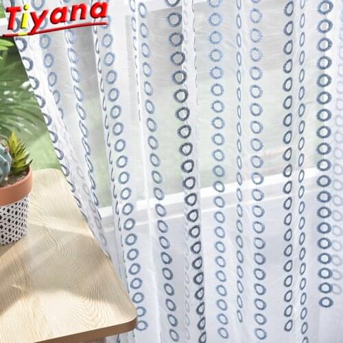 Modern Geometric Circle Tulle Curtains for Living Room Blue/White Embroidered Rings Window Screen for Balcony#VT