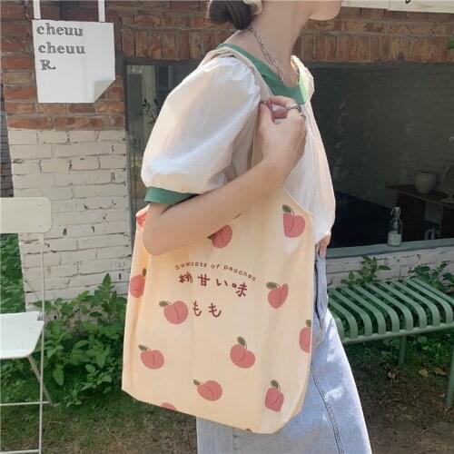 Summer Peach Print Women Canvas Shoulder Bag Casual Ladies Large Capacity Shopping Bags Cute Student Girls Book Tote Handbags