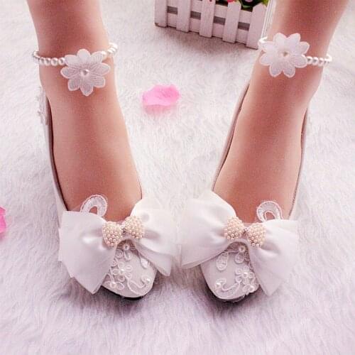 5CM middle heel white bow satin butterfly-knot wedding shoes bride handmade sweet designer ankle beading anklet bridal shoes