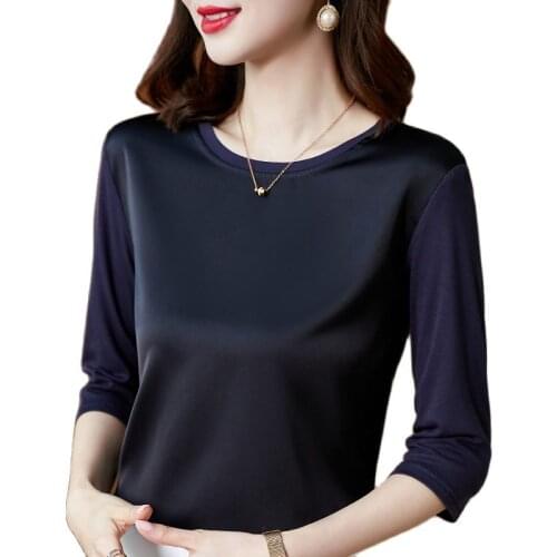 Summer Korean Fashion Silk T-shirts for Women Vintage Satin Tops for Women Long Sleeves Loose Office Lady Shirts