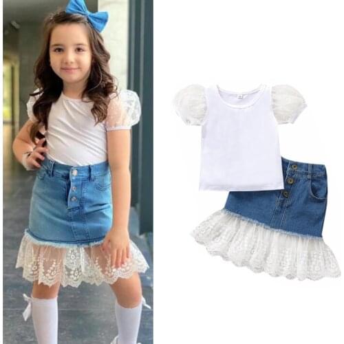 1-6Y Summer Fashion Girl Clothes Sets Solid Lace Puff Sleeve T Shirts Floral Ruffles Denim Skirts