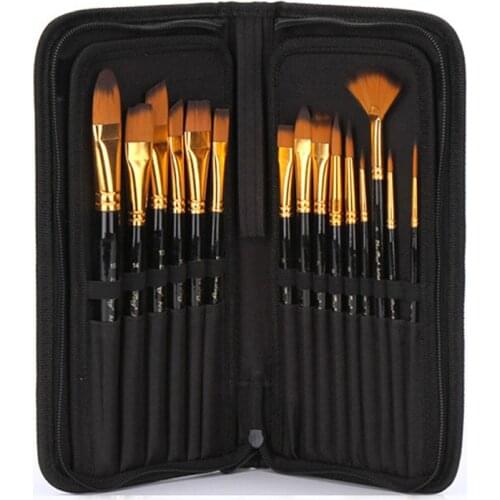 15 pcs/set Professional Oil Paint Brush with Canvas Bag Watercolor Acrylic Painting Brush Art Craft Long Wooden Handle Supplies
