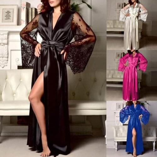 2020 Womens Sexy Long Kimono Dress Lace Bath Robe Lingerie Gown Ice Silk Nightdress Solid Color Nightgown Plus Size