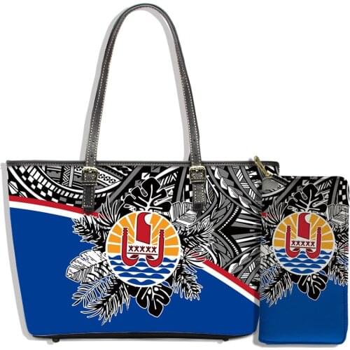 Noisydesigns Tahiti Flowers Pattern French Polynesian Pattern Girls Luxury Leather Handbag Messenger Bolsa 2pcs Hand Bag Sets