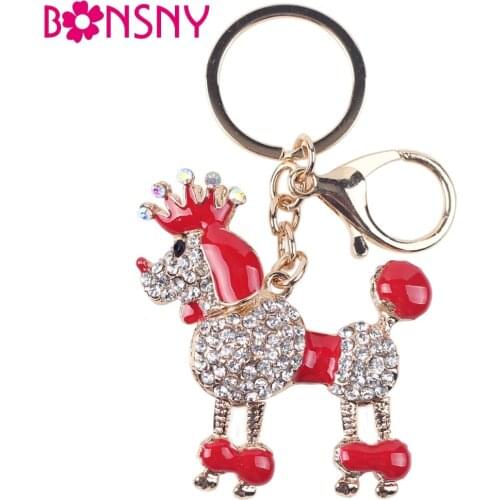 Bonsny 2016 Enamel Alloy Animal Crystal Poodle Dog Key Chain Key Ring Pom Gift For Women Girl Bag Charm Keychain Pendant Jewelry