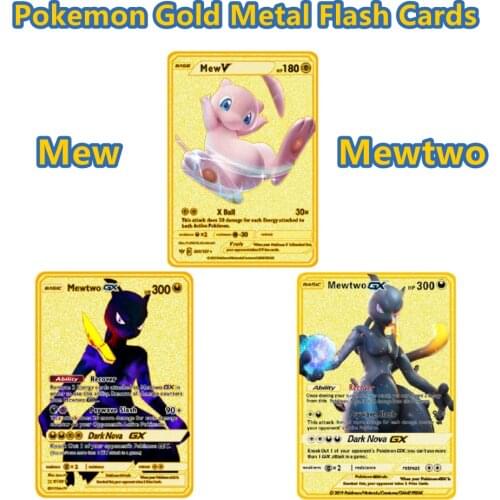 NEW Pokemon Gold Metal Flash Mewtwo Mew Big Pikachu Charizard Game Battle Collection Trading Action Figure Model Card for Kid