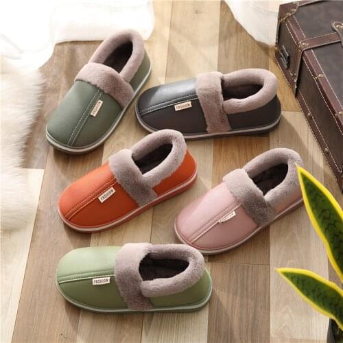 Leather slippers for women Winter warm waterproof Slippers ladies Home soft Fluffy plush rubber Slipper Kitchen office shoes
