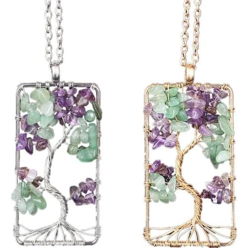 Square Genuine Chip Stone Necklace Vintage Wire Wrapped Chakra Handcrafted Energy Pendant