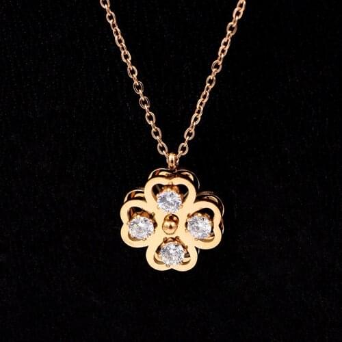 Fashion OL Stainless Steel Hollow Love Crystal Cute Rotate Flower Pendant Necklace Rose Gold Color Women Female Party Gift