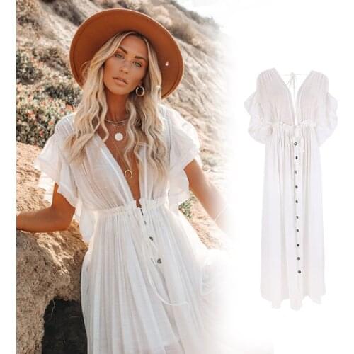Fashion Women Casual Robe Sexy Bikini Beach Pareo Breathable Comfort Sunscreen Long Dress Beach Night Parte White Beach Suit