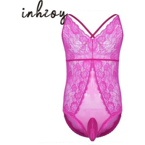 Mens One-Piece Sissy Lingerie Hot Sexy Bodysuit Erotic Crossdressing Sheer Floral Lace Penis Pouch Nightwear Male Gay Underwear