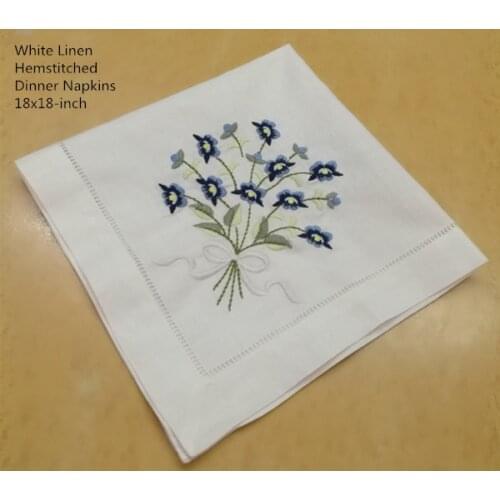 Set of 12 Fashion Dinner Napkins white Hemstitched linen Table Napkin with Color Embroidered Floral Wedding Napkins 18x18-inch